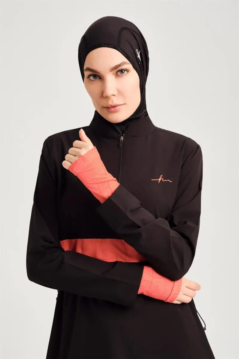Haşema Esila Stripe Monogram Black Orange Fully Covered Hijab Swimsuit HSM2934 - 5