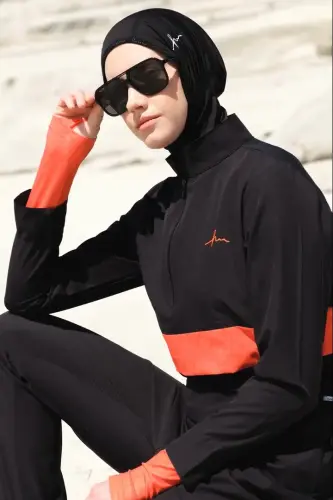 Haşema Esila Stripe Monogram Black Orange Fully Covered Hijab Swimsuit HSM2934 - Haşema (1)