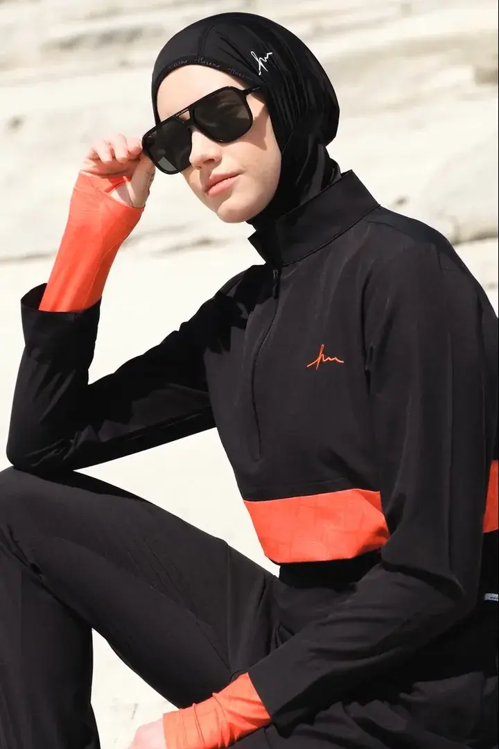 Haşema Esila Stripe Monogram Black Orange Fully Covered Hijab Swimsuit HSM2934 - 2