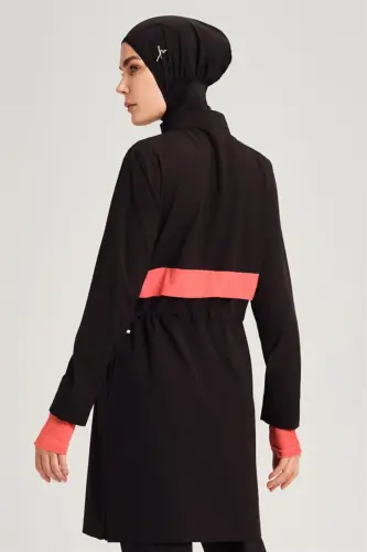 Haşema Esila Stripe Monogram Black Orange Fully Covered Hijab Swimsuit HSM2934 - 8