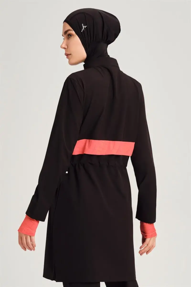 Haşema Esila Stripe Monogram Black Orange Fully Covered Hijab Swimsuit HSM2934 - 8