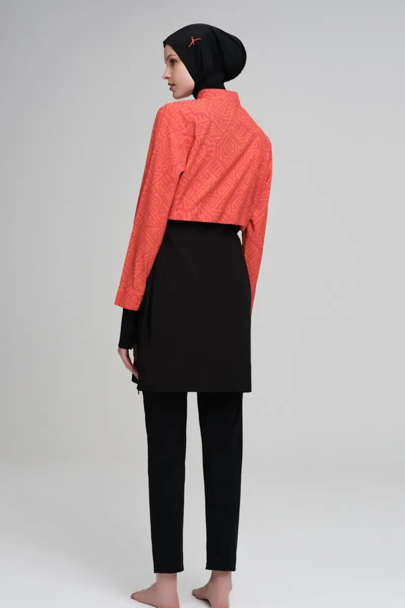 Haşema Esila HSM-2934-23 Turuncu Siyah Jileli Tam Tesettür Mayo - 7