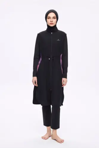 Haşema Feray Kol Altı ve Sırtı Desenli 5 Parça Tam Tesettür Mayo Takımı Siyah 5022-25 - 1