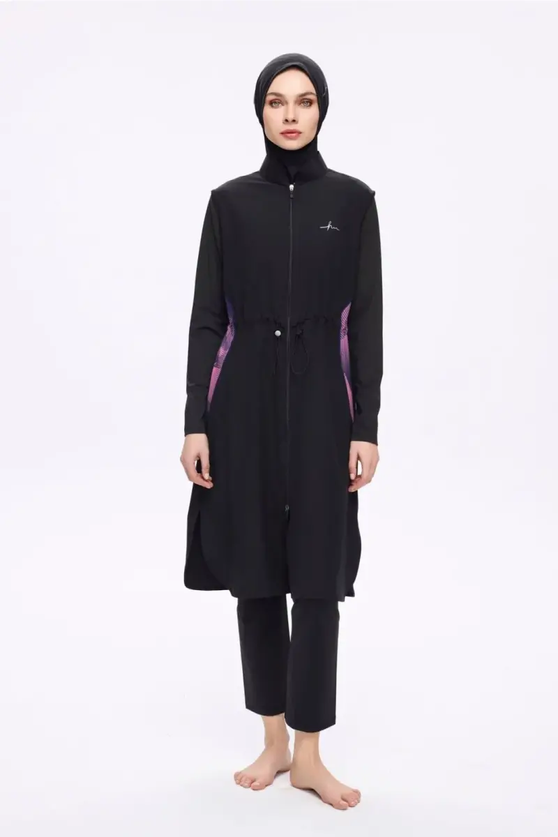 Haşema Feray Kol Altı ve Sırtı Desenli 5 Parça Tam Tesettür Mayo Takımı Siyah 5022-25 - 1