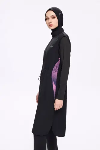 Haşema Feray Kol Altı ve Sırtı Desenli 5 Parça Tam Tesettür Mayo Takımı Siyah 5022-25 - Haşema (1)