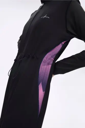 Haşema Feray Kol Altı ve Sırtı Desenli 5 Parça Tam Tesettür Mayo Takımı Siyah 5022-25 - 5