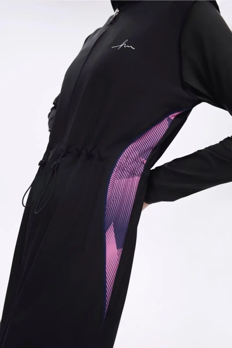 Haşema Feray Kol Altı ve Sırtı Desenli 5 Parça Tam Tesettür Mayo Takımı Siyah 5022-25 - 5