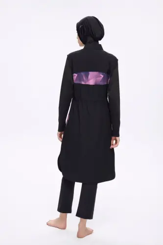 Haşema Feray Kol Altı ve Sırtı Desenli 5 Parça Tam Tesettür Mayo Takımı Siyah 5022-25 - 6