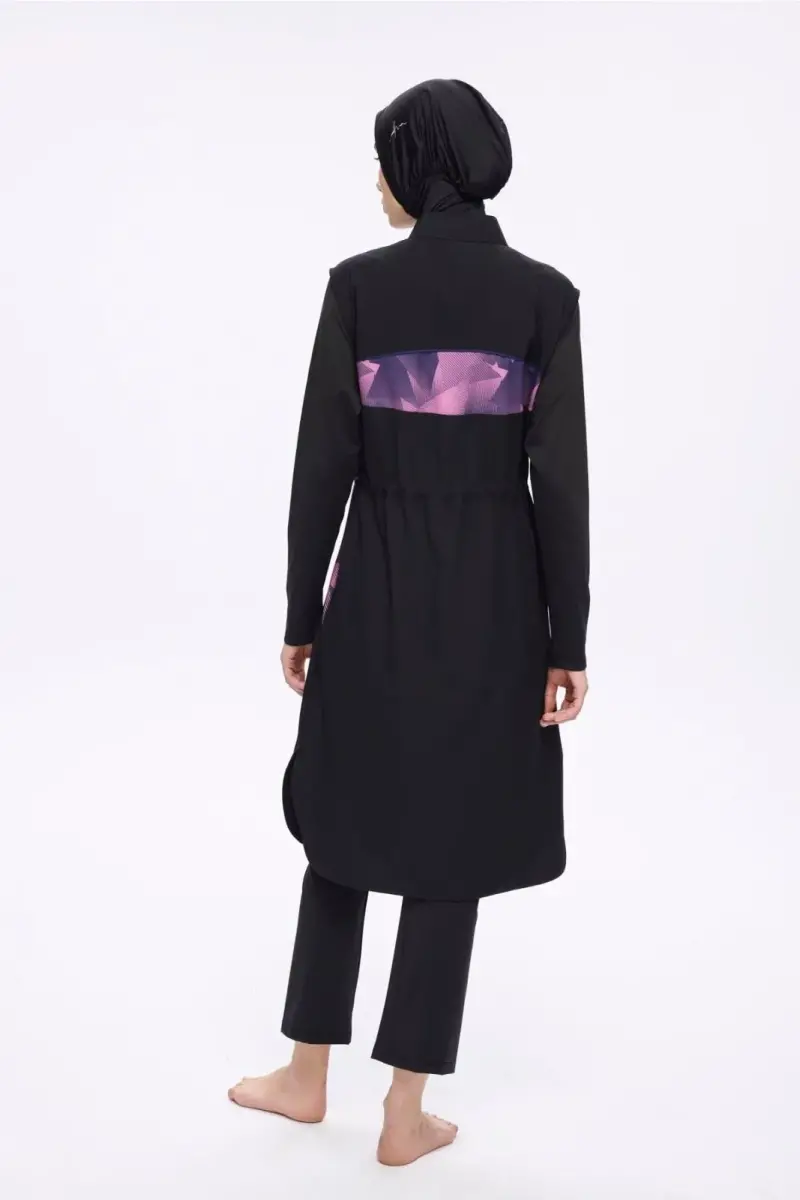 Haşema Feray Kol Altı ve Sırtı Desenli 5 Parça Tam Tesettür Mayo Takımı Siyah 5022-25 - 6