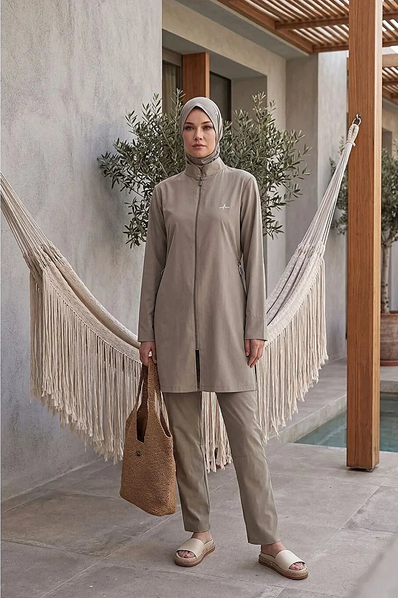 Haşema Fermuarlı Astarlı Hasır Örme Plaj Çantası 1183 - Camel - 1