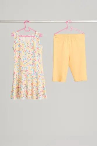 Haşema Gülce Sıfır Kol Etekli Sarı Yeşil Kız Çocuk Mayo Takımı HSM-3045 