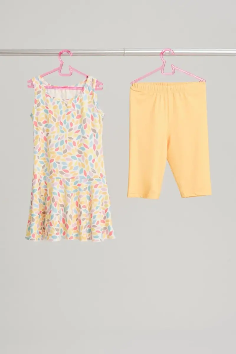 Haşema Gülce Sıfır Kol Etekli Sarı Yeşil Kız Çocuk Mayo Takımı HSM-3045 - 1