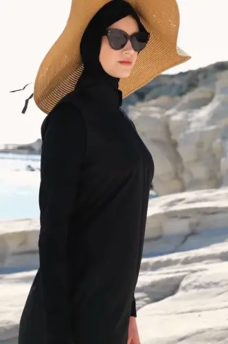 Haşema Tam Boy Siyah Jileli 4 Parça Tam Kapalı Tesettür Mayo Takımı H-6021-23 - 7