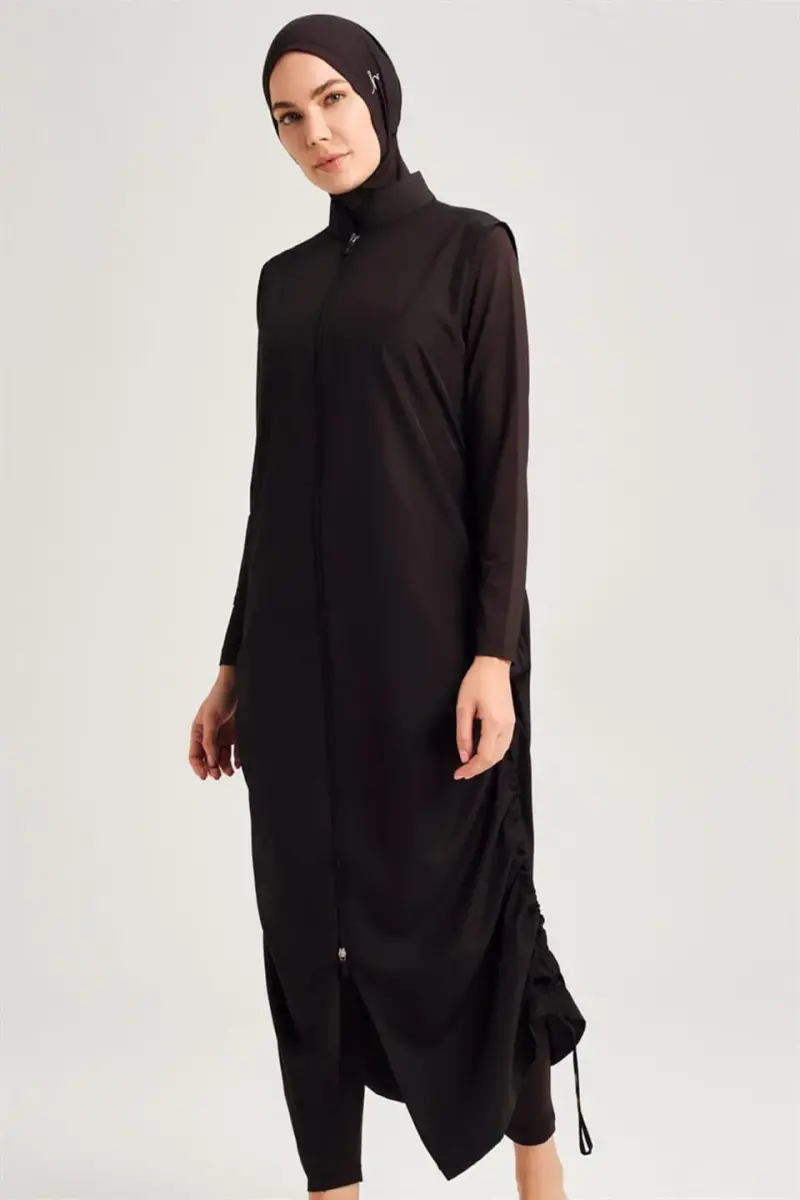 Haşema Tam Boy Siyah Jileli 4 Parça Tam Kapalı Tesettür Mayo Takımı H-6021-23 - 5