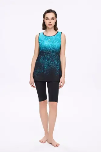 Haşema Hızlı Kuruyan Desenli 4 Parça Yarı Kapalı Mayo Takımı 5024-25 Mavi Siyah - 1