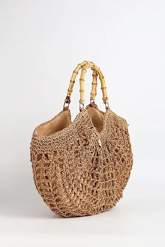 Haşema Kadın Kemik Saplı Fermuarlı Astarlı Rafya Plaj Çantası HSM-1155 Camel - 4