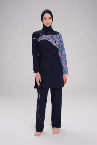 Haşema Kolu Desenli Esnek Dokuma 6 Parça Tam Kapalı Tesettür Mayo Takımı 3095-25 Lacivert - 1