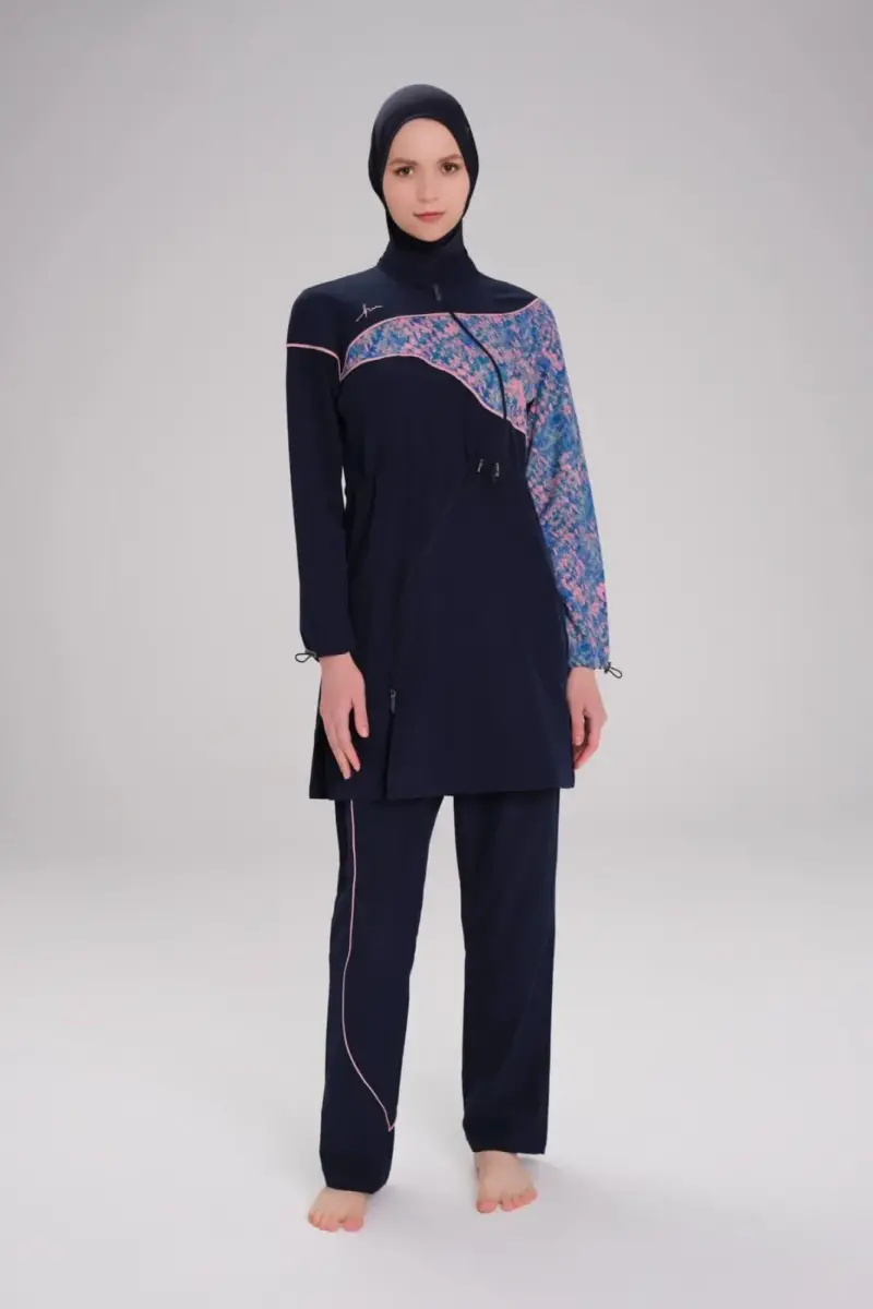 Haşema Kolu Desenli Esnek Dokuma 6 Parça Tam Kapalı Tesettür Mayo Takımı 3095-25 Lacivert - 1