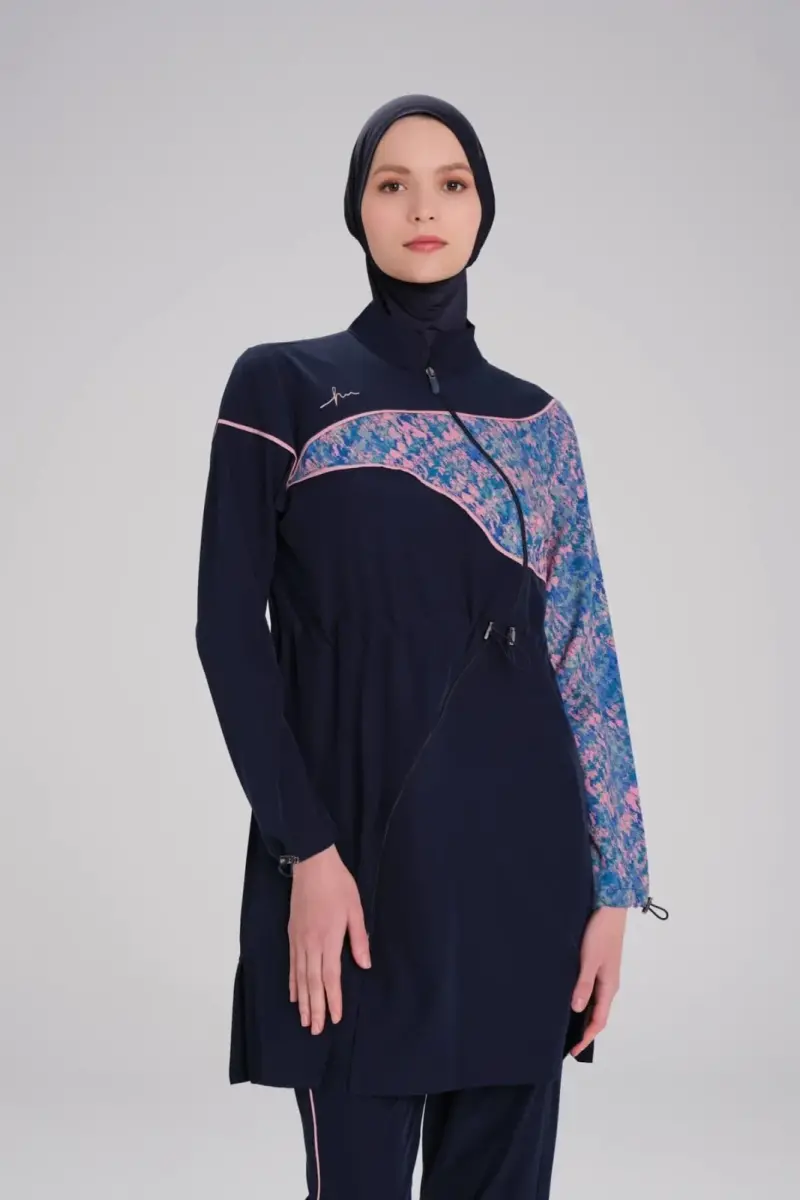 Haşema Kolu Desenli Esnek Dokuma 6 Parça Tam Kapalı Tesettür Mayo Takımı 3095-25 Lacivert - 2