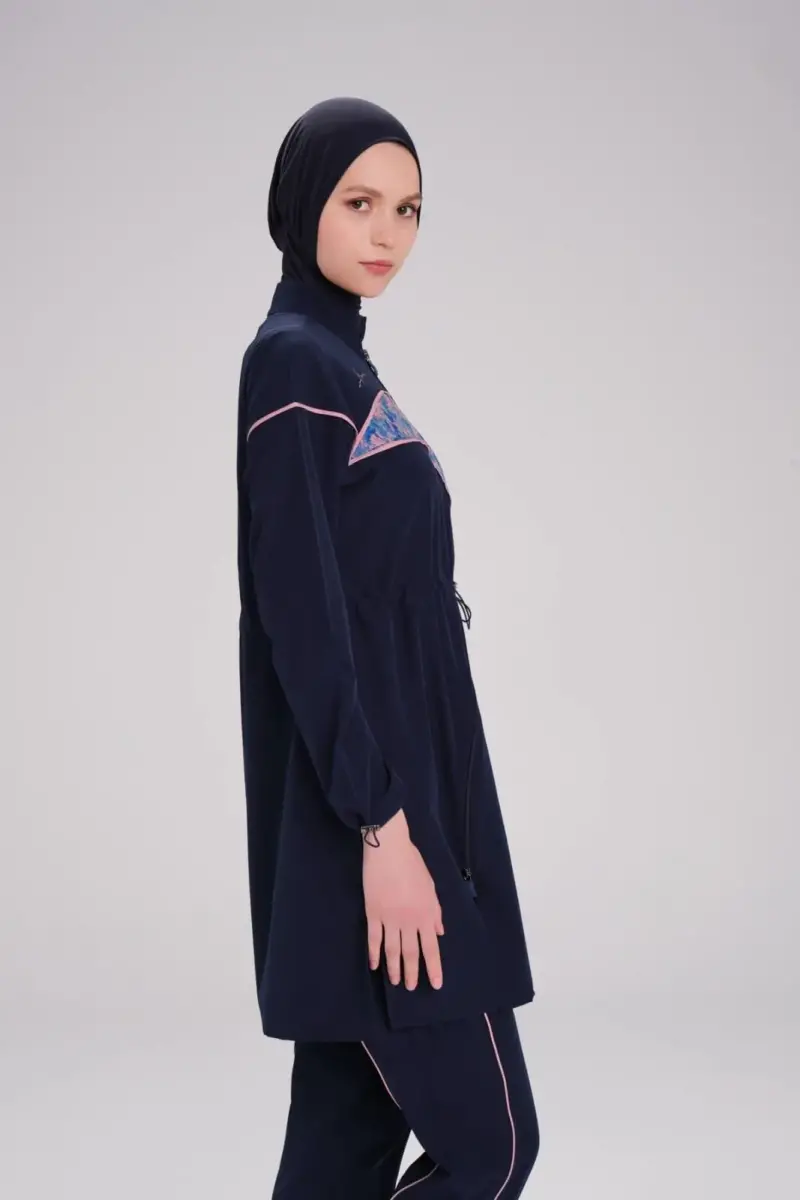 Haşema Kolu Desenli Esnek Dokuma 6 Parça Tam Kapalı Tesettür Mayo Takımı 3095-25 Lacivert - 3