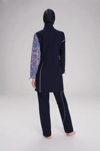 Haşema Kolu Desenli Esnek Dokuma 6 Parça Tam Kapalı Tesettür Mayo Takımı 3095-25 Lacivert - 4