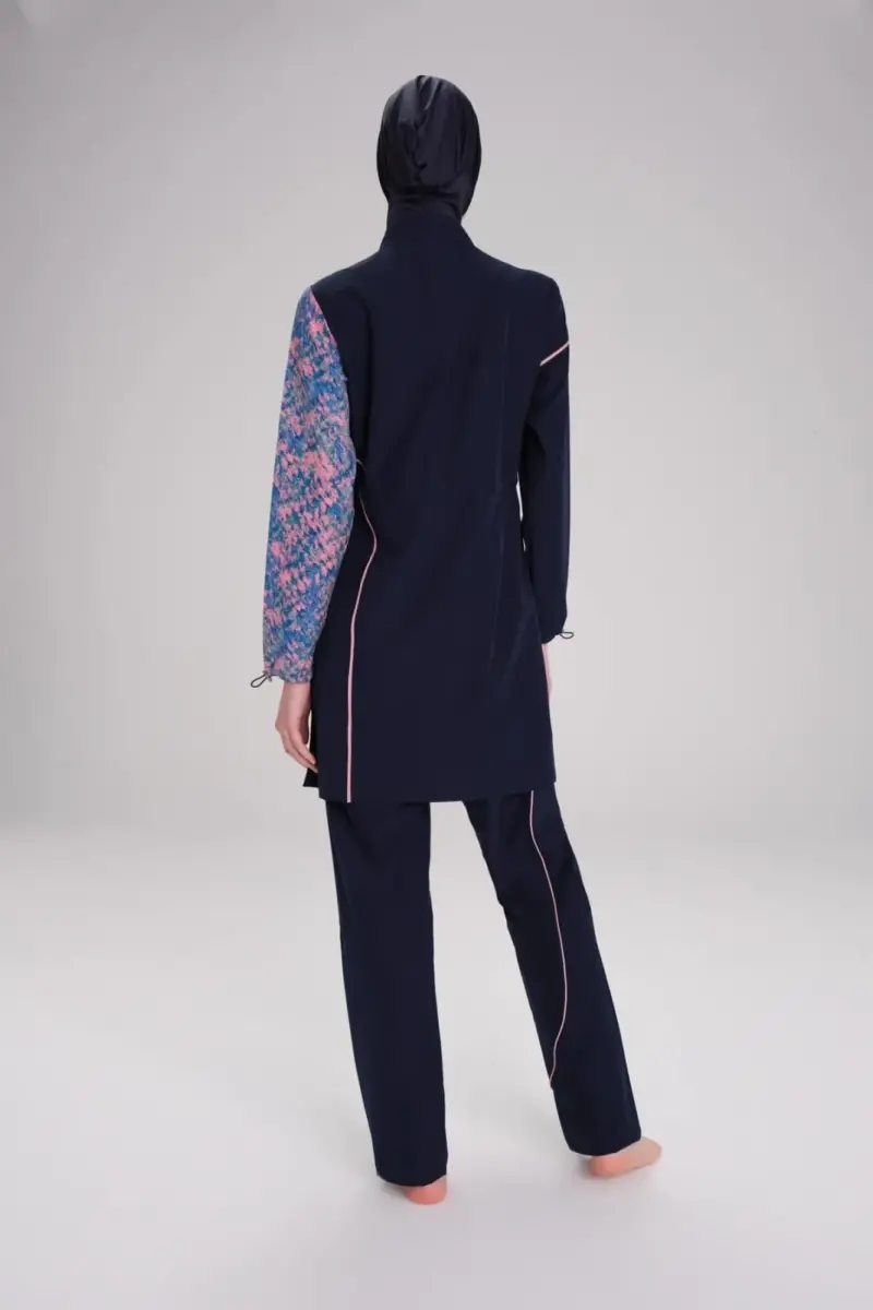 Haşema Kolu Desenli Esnek Dokuma 6 Parça Tam Kapalı Tesettür Mayo Takımı 3095-25 Lacivert - 4