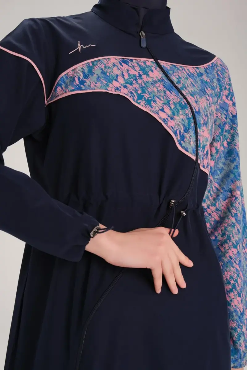 Haşema Kolu Desenli Esnek Dokuma 6 Parça Tam Kapalı Tesettür Mayo Takımı 3095-25 Lacivert - 5