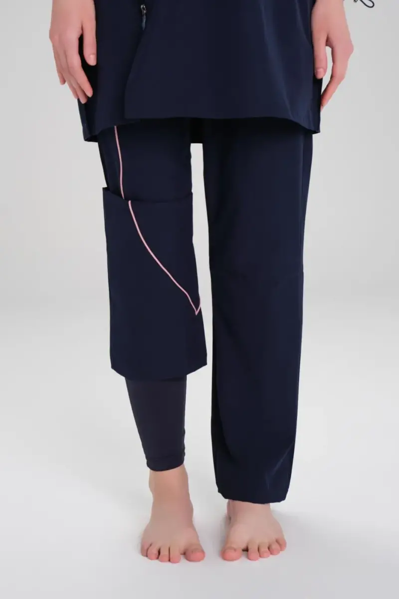 Haşema Kolu Desenli Esnek Dokuma 6 Parça Tam Kapalı Tesettür Mayo Takımı 3095-25 Lacivert - 6