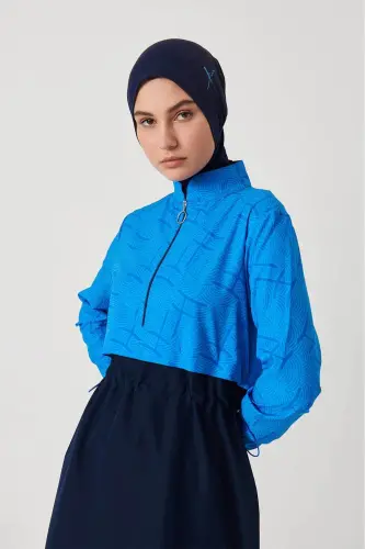 Haşema Esila Monogram Desenli 5 Parça Tam Tesettür Mayo Takımı Hızlı Kuruyan Mayo HSM-2934-08 Mavi Lacivert - 4