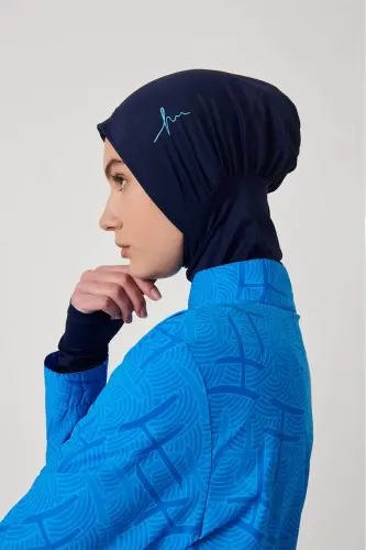 Haşema Esila Monogram Desenli 5 Parça Tam Tesettür Mayo Takımı Hızlı Kuruyan Mayo HSM-2934-08 Mavi Lacivert - 6