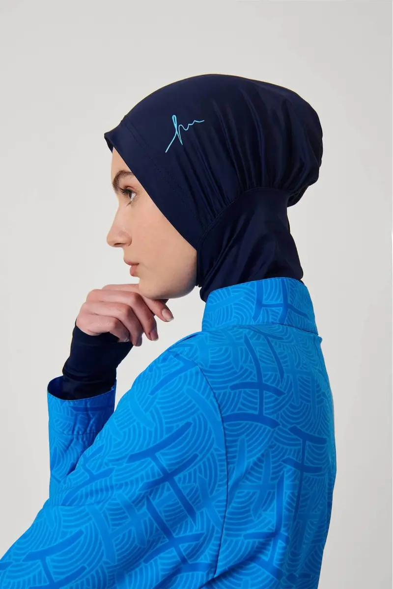Haşema Esila Monogram Desenli 5 Parça Tam Tesettür Mayo Takımı Hızlı Kuruyan Mayo HSM-2934-08 Mavi Lacivert - 6
