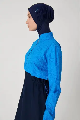 Haşema Esila Monogram Desenli 5 Parça Tam Tesettür Mayo Takımı Hızlı Kuruyan Mayo HSM-2934-08 Mavi Lacivert - 7