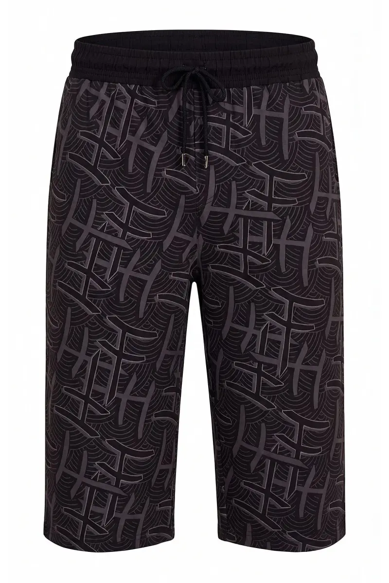 Haşema Monogram Desenli Erkek Uzun Havuz ve Deniz Şortu Hızlı Kuruyan Mayo H-2901 Siyah - 7