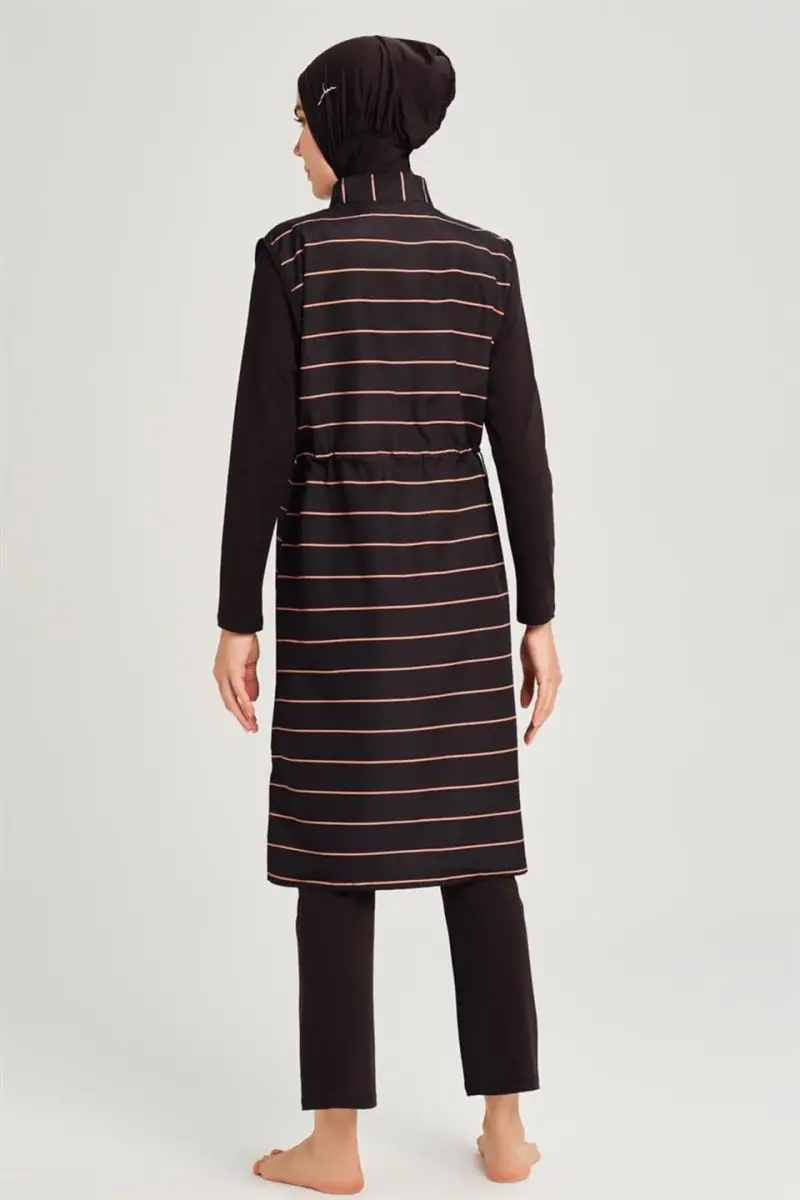 Haşema Çise N-6083 Çizgili Siyah Jileli 4 Parça Tam Kapalı Tesettür Mayo Takımı - 5