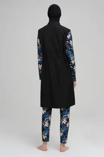 Haşema Nehar Blue Leaf Patterned Black Gilet Fully Covered Hijab Swimsuit Set 2226 - Haşema (1)
