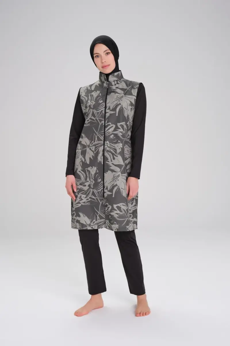 Haşema Nehar Desenli Siyah Haki Jileli 3 Parça Tam Kapalı Tesettür Mayo Takımı NHR22-64 - 1