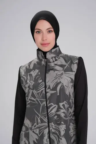 Haşema Nehar Desenli Siyah Haki Jileli 3 Parça Tam Kapalı Tesettür Mayo Takımı NHR22-64 - (1)