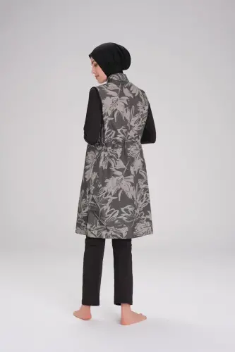 Haşema Nehar Desenli Siyah Haki Jileli 3 Parça Tam Kapalı Tesettür Mayo Takımı NHR22-64 - 3