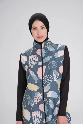 Haşema Nehar Desenli Siyah Jileli 3 Parça Tam Kapalı Tesettür Mayo Takımı 2270 - (1)