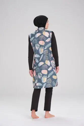 Haşema Nehar Desenli Siyah Jileli 3 Parça Tam Kapalı Tesettür Mayo Takımı 2270 - 4
