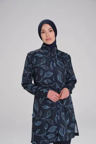 Haşema Nehar Yaprak Desenli Lacivert Dokuma 3 Parça Tesettür Mayo Takımı 2259 - (1)