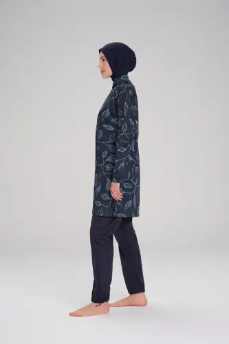 Haşema Nehar Yaprak Desenli Lacivert Dokuma 3 Parça Tesettür Mayo Takımı 2259 - 3