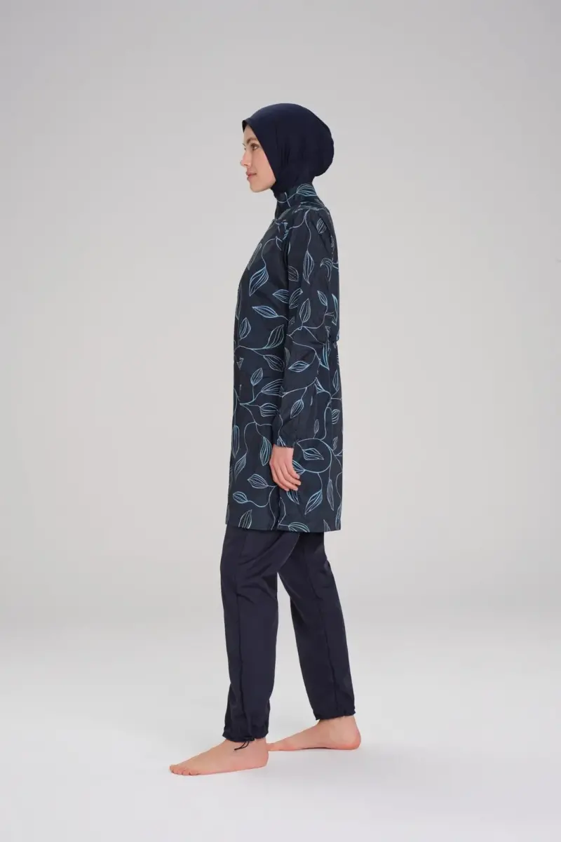 Haşema Nehar Yaprak Desenli Lacivert Dokuma 3 Parça Tesettür Mayo Takımı 2259 - 3