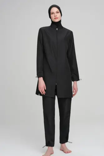 Haşema Neyla Dokuma 5 Parça Büyük Beden Tam Kapalı Tesettür Mayo Siyah 6026-25 - 1