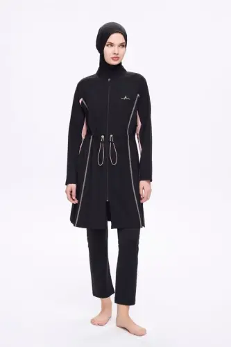 Haşema Pera Biyeli Siyah 5 Parça Tam Kapalı Tesettür Mayo Takımı 5009-25 Pembe - 1