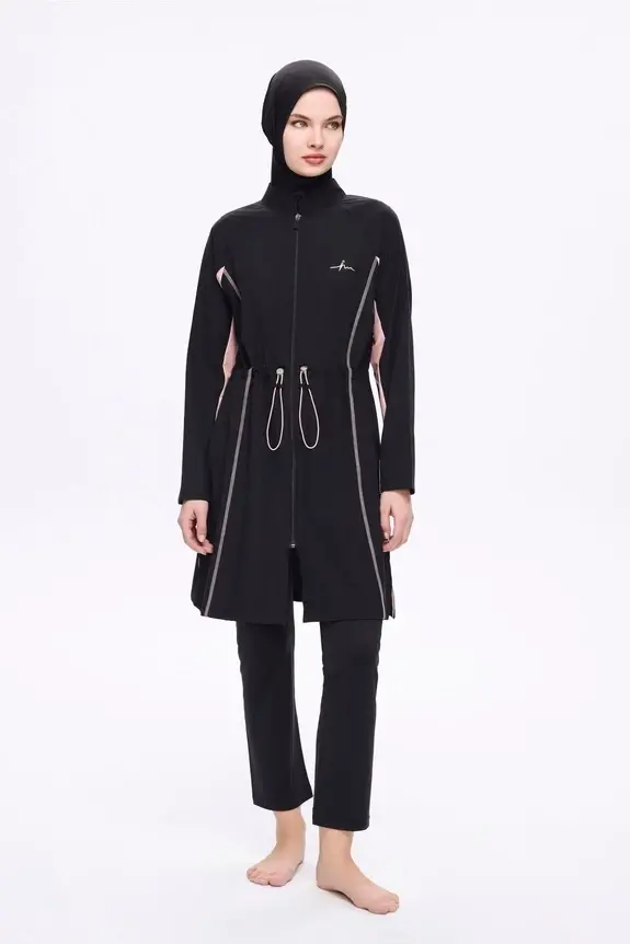 Haşema Pera Biyeli Siyah 5 Parça Tam Kapalı Tesettür Mayo Takımı 5009-25 Pembe - 1
