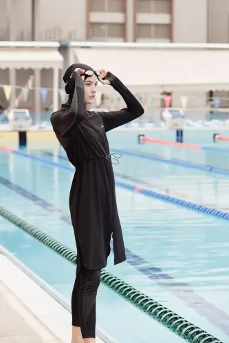 Haşema Performans Serisi Petek Doku Detaylı Siyah 5 Parça Tesettür Mayo Takımı HSM-2001-24 - (1)