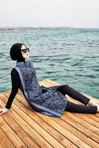 Haşema Şerit Detaylı Jileli Siyah 5 Parça Tam Kapalı Tesettür Mayo Takımı 3096 - (1)