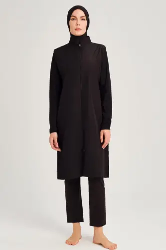Haşema Şeyma Rahat Kesim Jileli 4 Parça Büyük Beden Tam Tesettür Mayo Takımı Siyah 6025 - 1