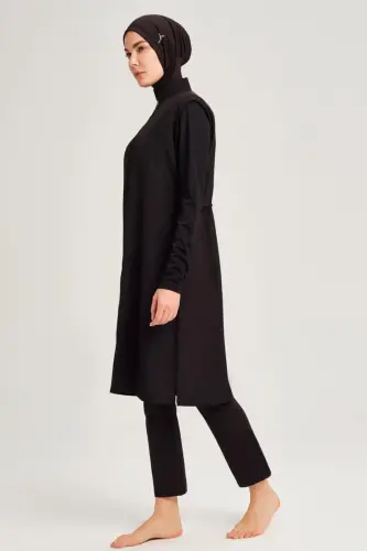 Haşema Şeyma Rahat Kesim Jileli 4 Parça Büyük Beden Tam Tesettür Mayo Takımı Siyah 6025 - Haşema (1)